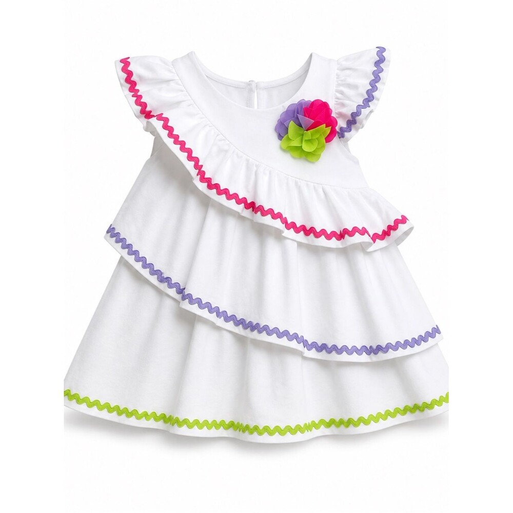 Bonnie Jean White Ruffle Dress 3T Colorful Trim Tiered Summer Classic
